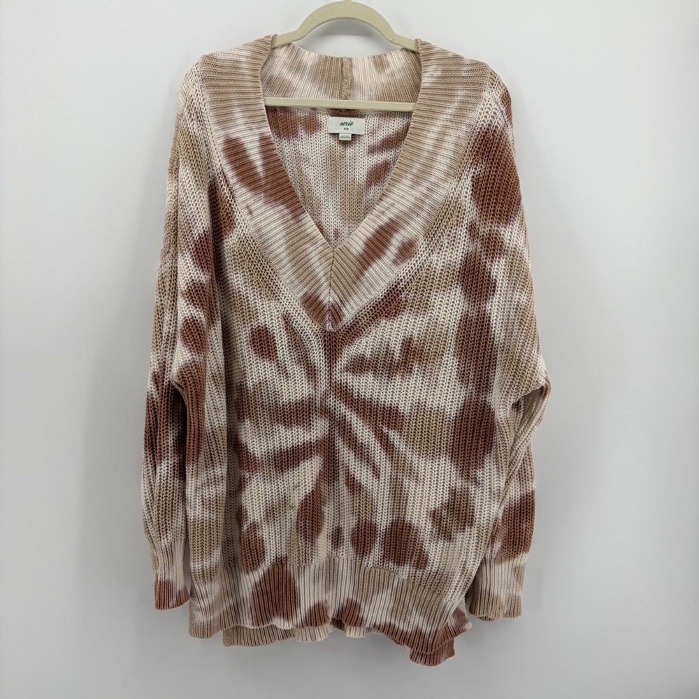 Aerie Womens Medium Brown Cream Tie Dye V-Neck Oversized Cotton Knit Sweater